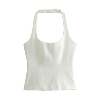 Sleeveless Blouses- Form-Fitting Halter Blouse Sleeveless Top for Outdoor Events- White- IndioGear Women Clothing