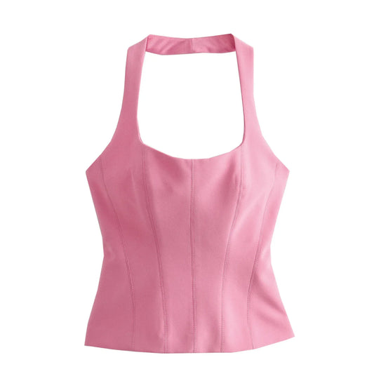 Sleeveless Blouses- Form-Fitting Halter Blouse Sleeveless Top for Outdoor Events- Pink- IndioGear Women Clothing