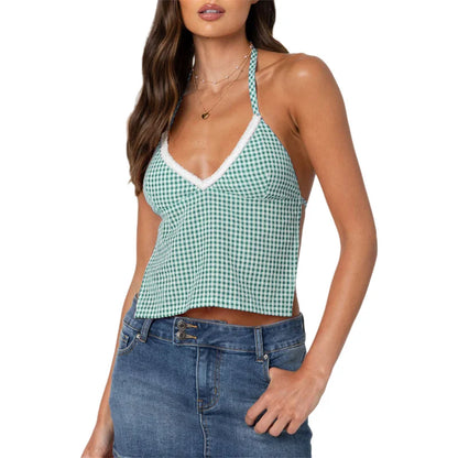 Sleeveless Blouses- Gingham Halter Backless Top for Summer- Green- IndioGear Women Clothing