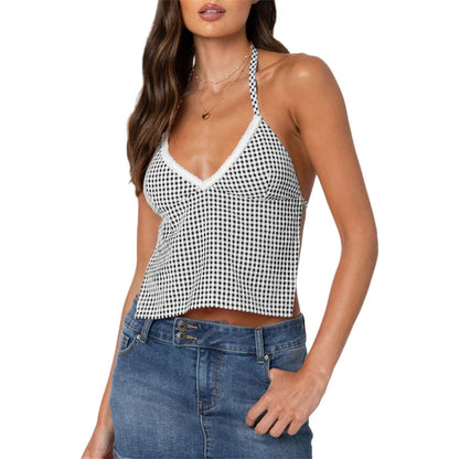 Sleeveless Blouses- Gingham Halter Backless Top for Summer- Black- IndioGear Women Clothing