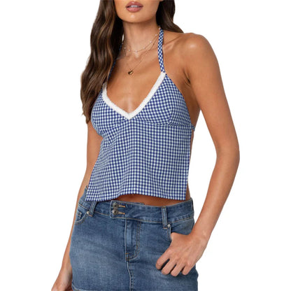 Sleeveless Blouses- Gingham Halter Backless Top for Summer- Blue- IndioGear Women Clothing