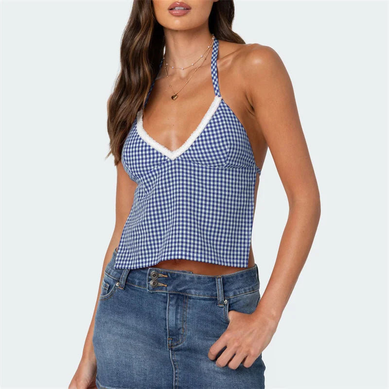 Sleeveless Blouses- Gingham Halter Backless Top for Summer- - IndioGear Women Clothing