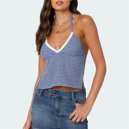 Sleeveless Blouses- Gingham Halter Backless Top for Summer- - IndioGear Women Clothing