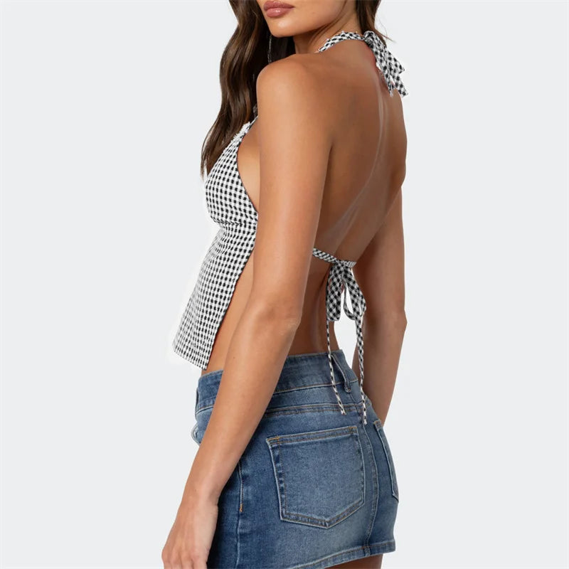 Sleeveless Blouses- Gingham Halter Backless Top for Summer- - IndioGear Women Clothing