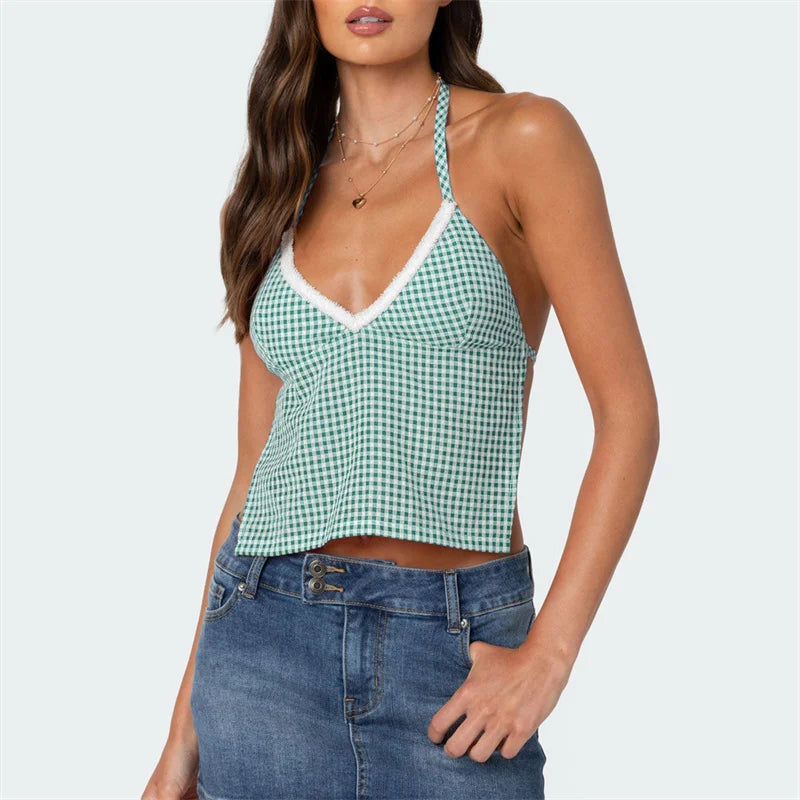 Sleeveless Blouses- Gingham Halter Backless Top for Summer- - IndioGear Women Clothing