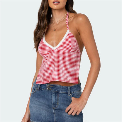 Sleeveless Blouses- Gingham Halter Backless Top for Summer- - IndioGear Women Clothing