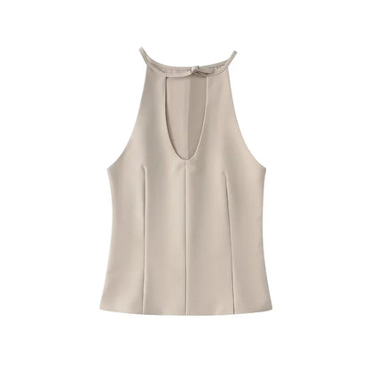 Sleeveless Blouses- Neutral Tone Blouse Belted Sleeveless Top- Beige- IndioGear Women Clothing