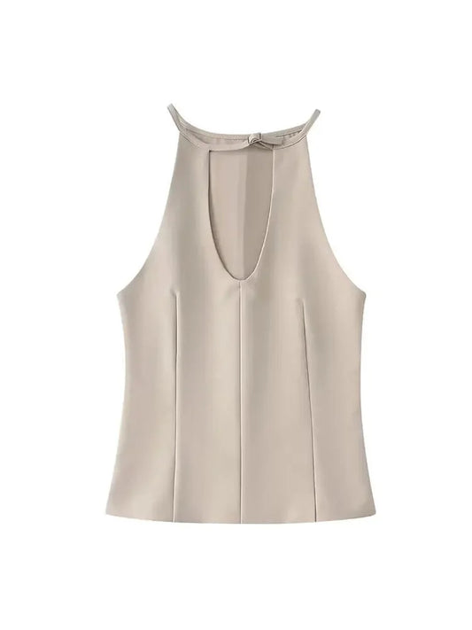 Sleeveless Blouses- Neutral Tone Blouse Belted Sleeveless Top- - IndioGear Women Clothing