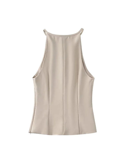 Sleeveless Blouses- Neutral Tone Blouse Belted Sleeveless Top- - IndioGear Women Clothing