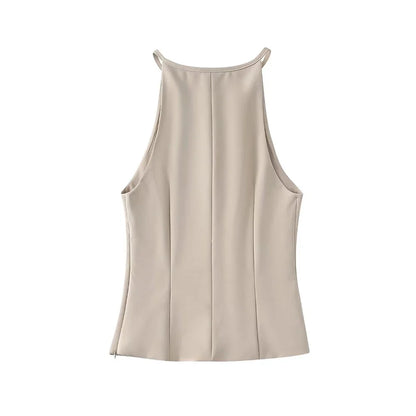 Sleeveless Blouses- Neutral Tone Blouse Belted Sleeveless Top- - IndioGear Women Clothing