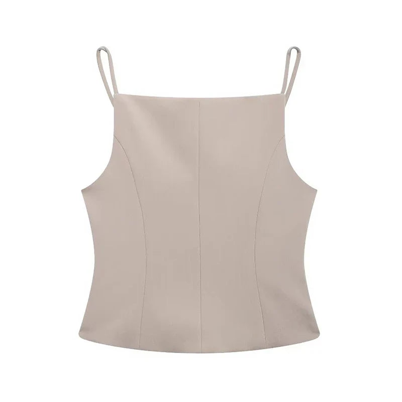 Sleeveless Blouses- Structured Beige Top Sleeveless Blouse for Networking Events- - IndioGear Women Clothing