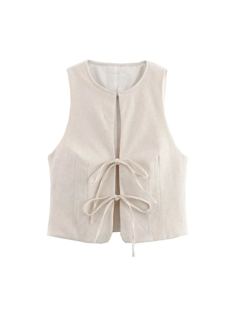 Sleeveless Blouses- Textured Tie-Up Summer Top Ribbon Front Blouse- - IndioGear Women Clothing