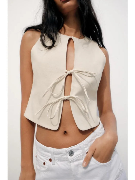 Sleeveless Blouses- Textured Tie-Up Summer Top Ribbon Front Blouse- - IndioGear Women Clothing