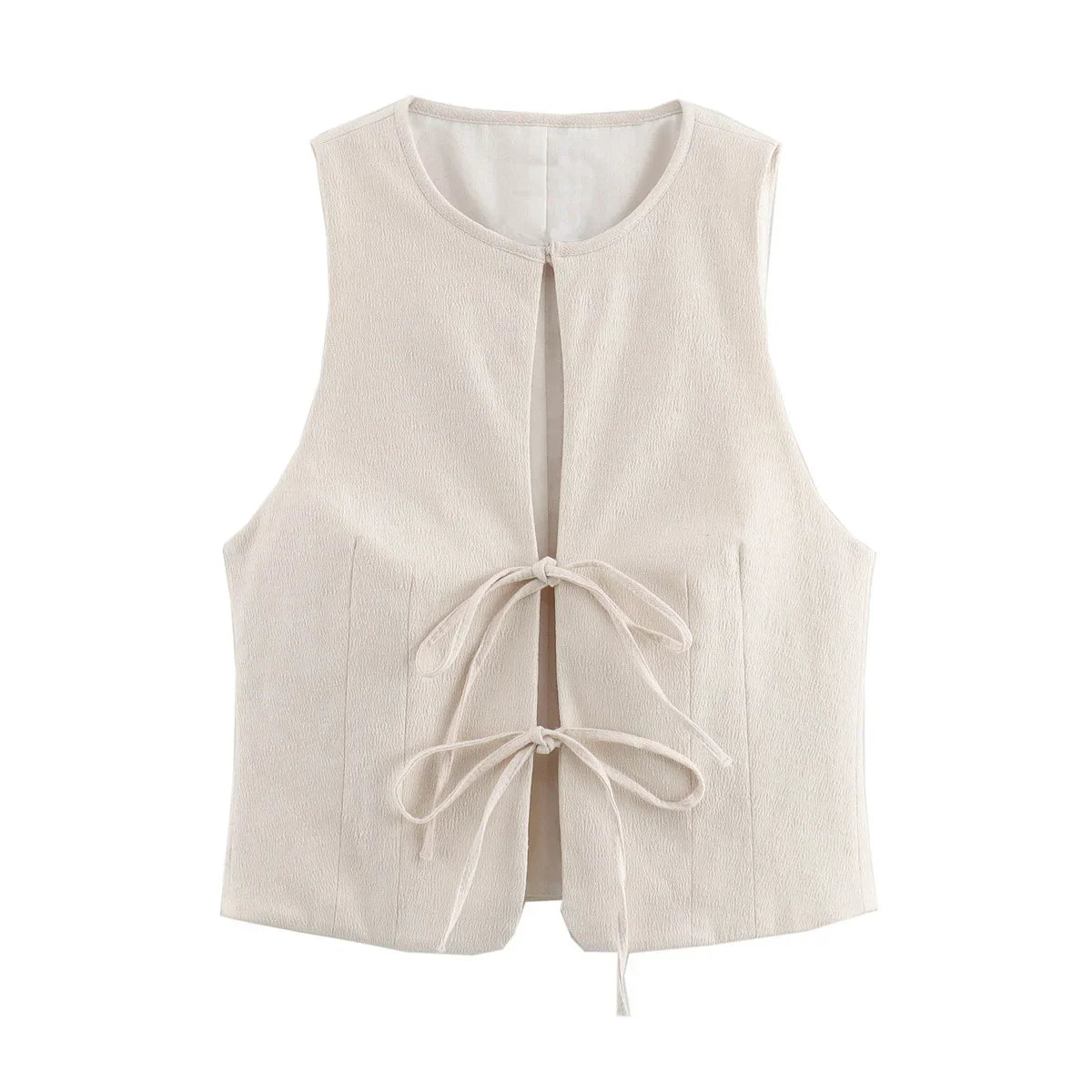 Sleeveless Blouses- Textured Tie-Up Summer Top Ribbon Front Blouse- Beige- IndioGear Women Clothing