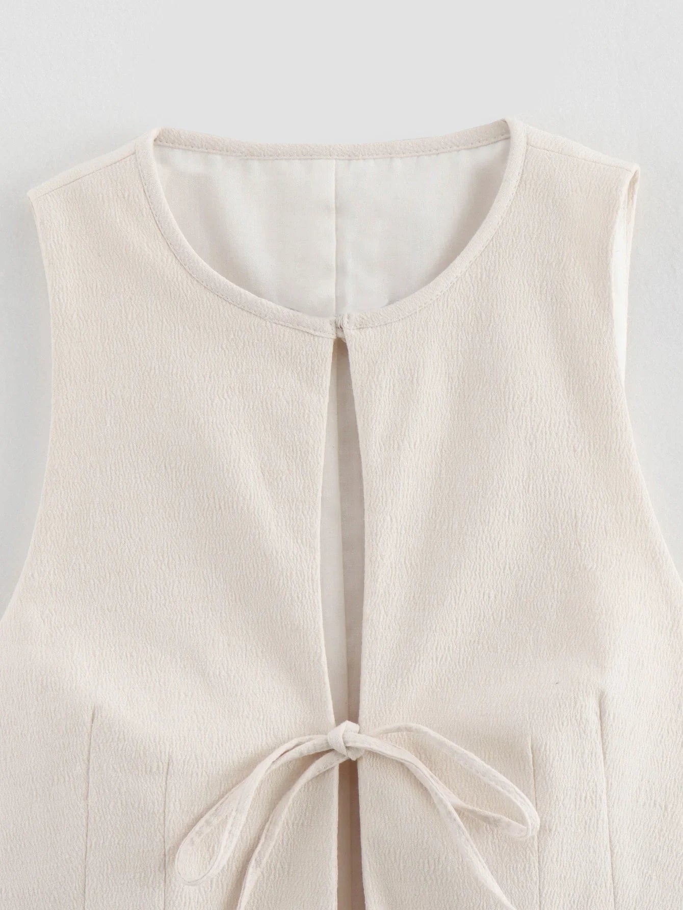 Sleeveless Blouses- Textured Tie-Up Summer Top Ribbon Front Blouse- - IndioGear Women Clothing