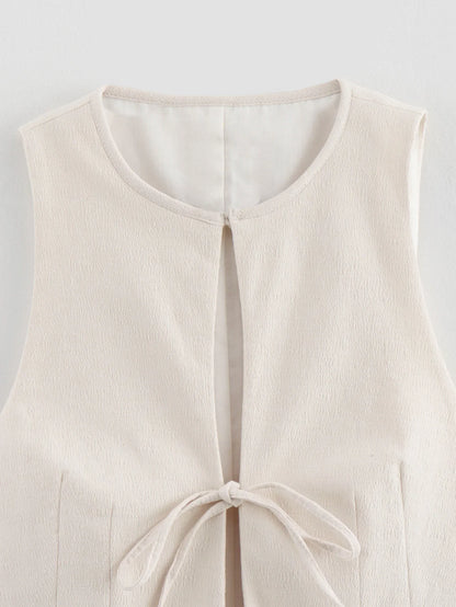 Sleeveless Blouses- Textured Tie-Up Summer Top Ribbon Front Blouse- - IndioGear Women Clothing