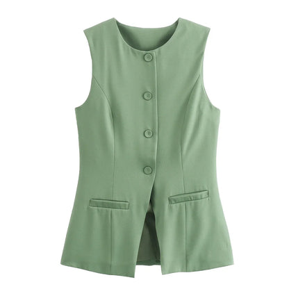 Sleeveless Blouses- Workwear Sleeveless Blouse Office-Ready Buttoned Top Vest- green- IndioGear Women Clothing