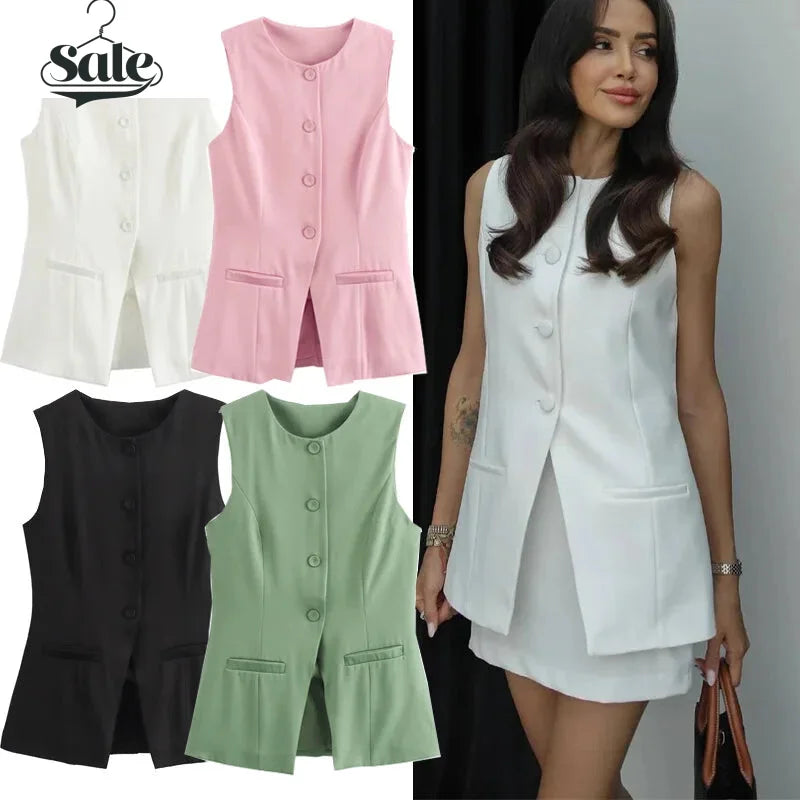 Sleeveless Blouses- Workwear Sleeveless Blouse Office-Ready Buttoned Top Vest- - IndioGear Women Clothing