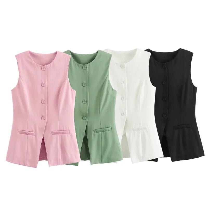 Sleeveless Blouses- Workwear Sleeveless Blouse Office-Ready Buttoned Top Vest- - IndioGear Women Clothing