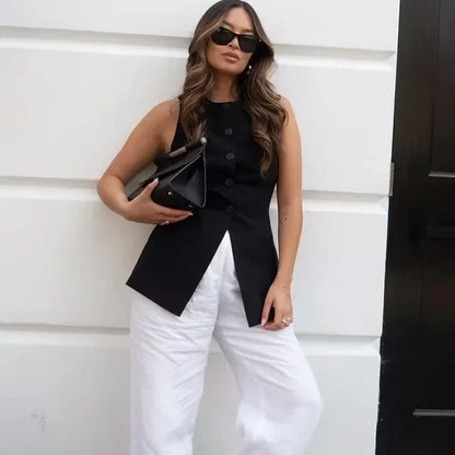 Sleeveless Blouses- Workwear Sleeveless Blouse Office-Ready Buttoned Top Vest- - IndioGear Women Clothing