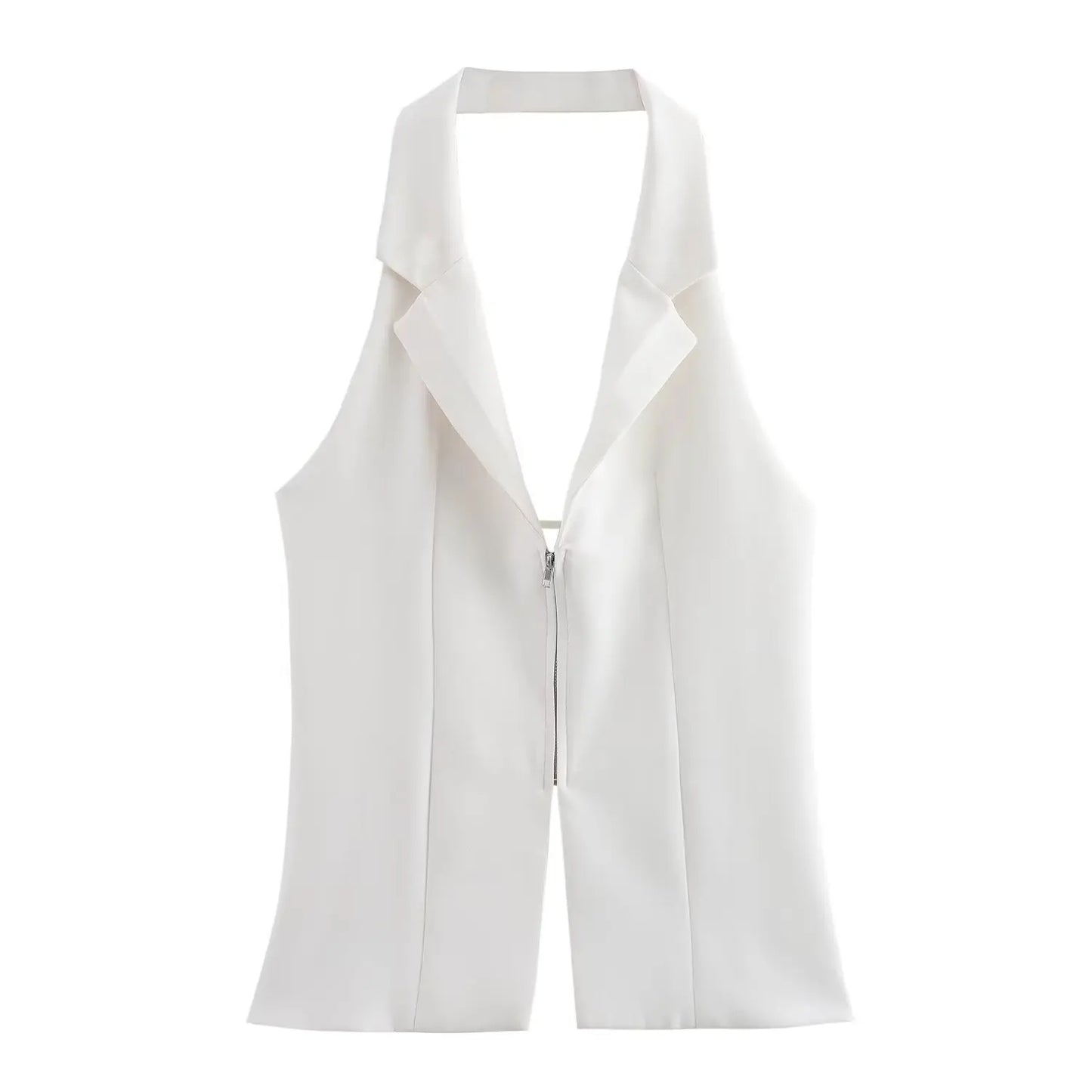 Sleeveless Blouses- Zip-Up Blouse Notch Backless Sleeveless Top- White- IndioGear Women Clothing