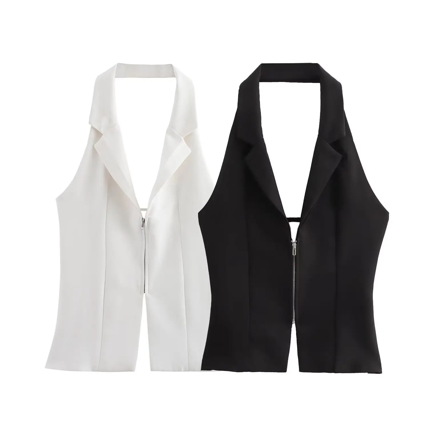 Sleeveless Blouses- Zip-Up Blouse Notch Backless Sleeveless Top- - IndioGear Women Clothing