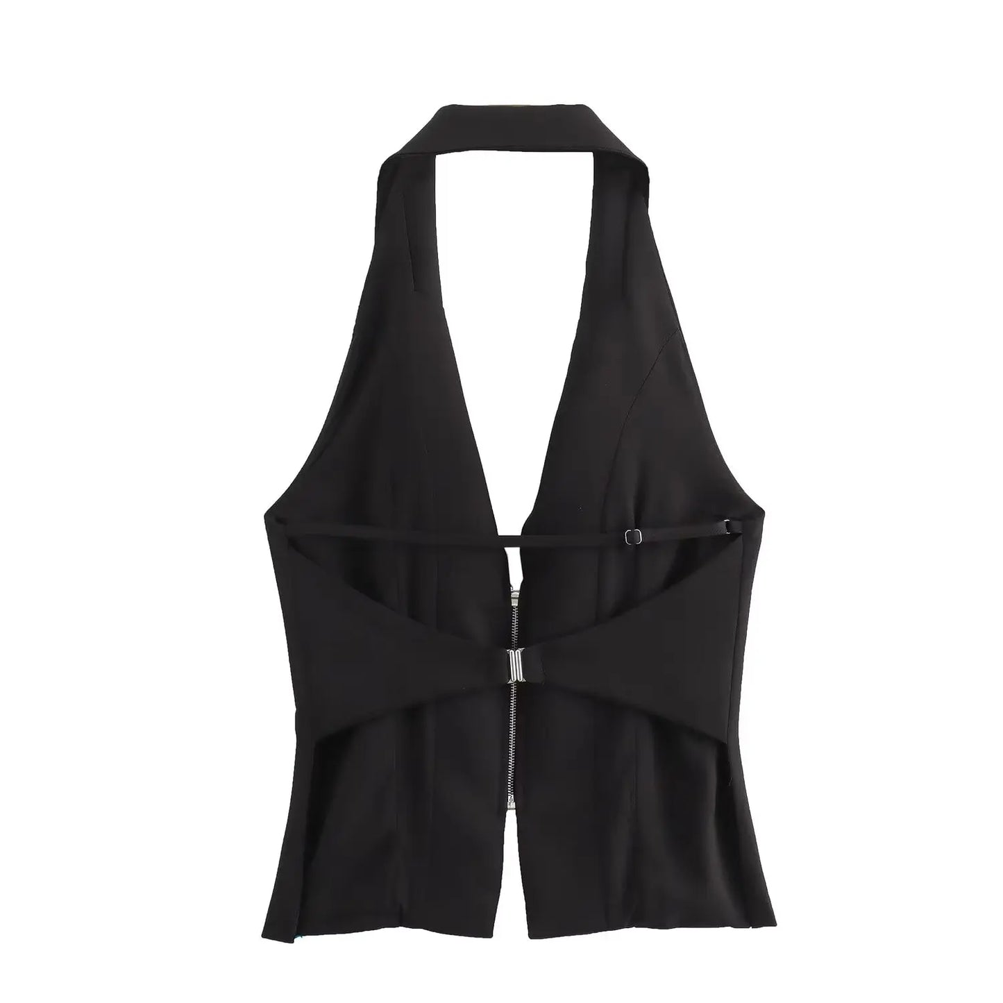 Sleeveless Blouses- Zip-Up Blouse Notch Backless Sleeveless Top- - IndioGear Women Clothing