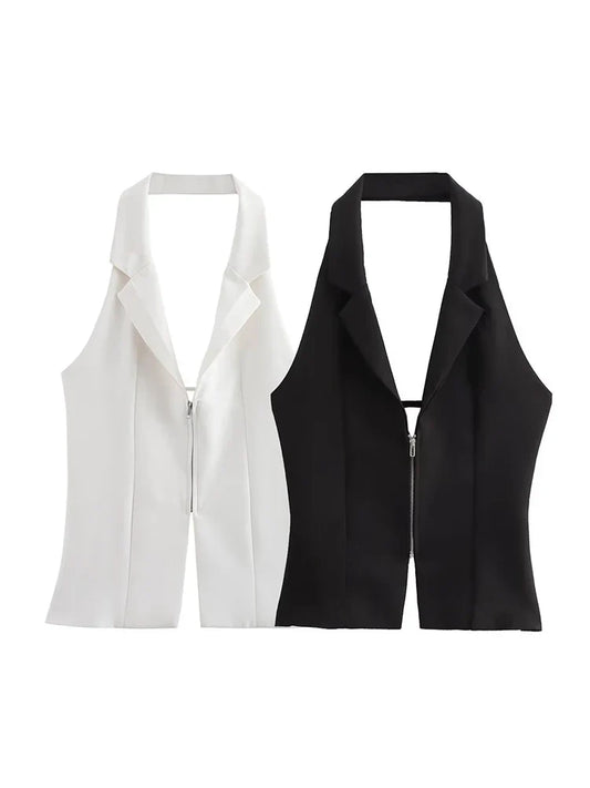 Sleeveless Blouses- Zip-Up Blouse Notch Backless Sleeveless Top- - IndioGear Women Clothing