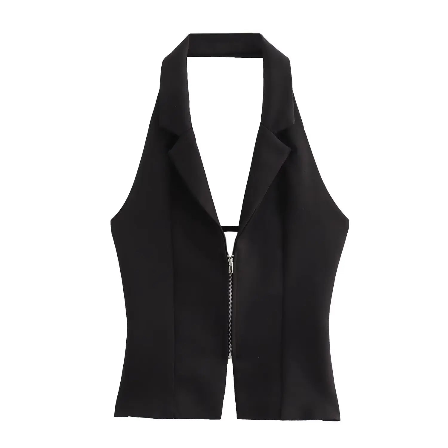 Sleeveless Blouses- Zip-Up Blouse Notch Backless Sleeveless Top- Black- IndioGear Women Clothing