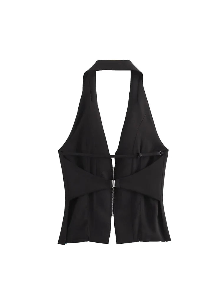 Sleeveless Blouses- Zip-Up Blouse Notch Backless Sleeveless Top- - IndioGear Women Clothing