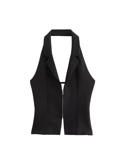 Sleeveless Blouses- Zip-Up Blouse Notch Backless Sleeveless Top- - IndioGear Women Clothing