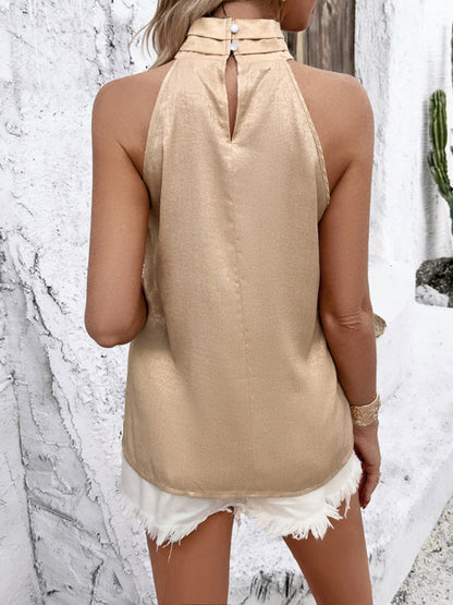 Sleeveless Top- Sleeveless Blouse - Women's Stand Collar Top in Shiny Fabric- - IndioGear Fashion and Gear