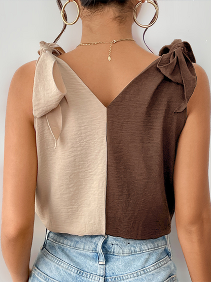 Sleeveless Tops- Color-Block V-Neck Bodysuit - Women's Knot Sides Top- - IndioGear.com