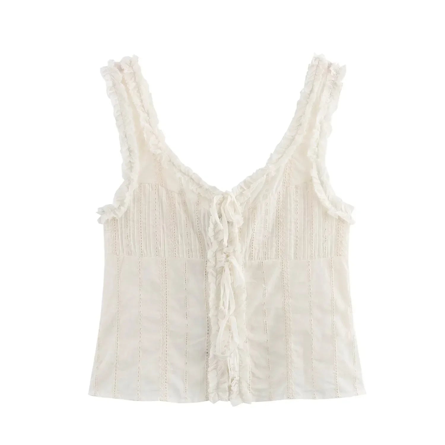 Sleeveless Tops- Fringed V-Neck Crop Top with Lace Insets- Ivory- IndioGear.com