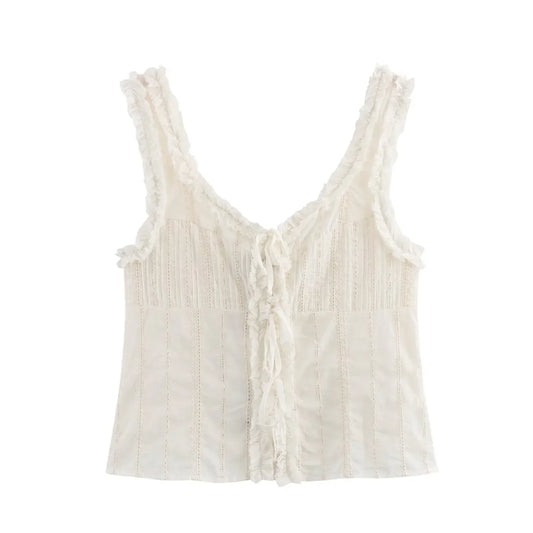 Sleeveless Tops- Fringed V-Neck Crop Top with Lace Insets- Ivory- IndioGear.com