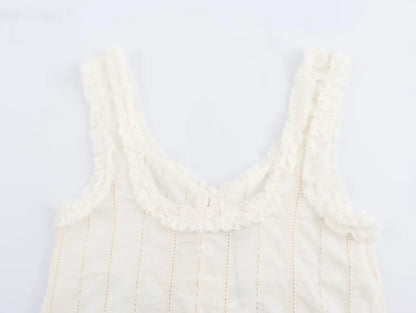 Sleeveless Tops- Fringed V-Neck Crop Top with Lace Insets- - IndioGear.com