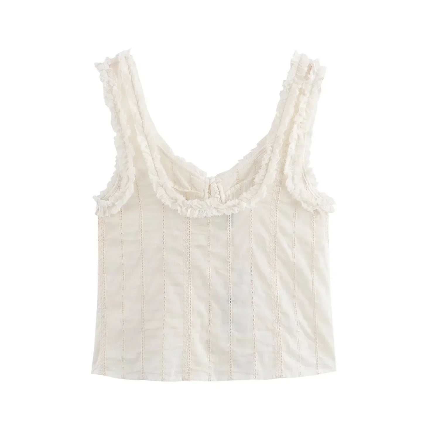 Sleeveless Tops- Fringed V-Neck Crop Top with Lace Insets- - IndioGear.com