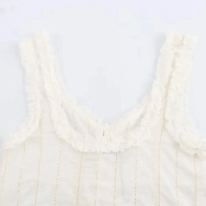 Sleeveless Tops- Fringed V-Neck Crop Top with Lace Insets- - IndioGear.com