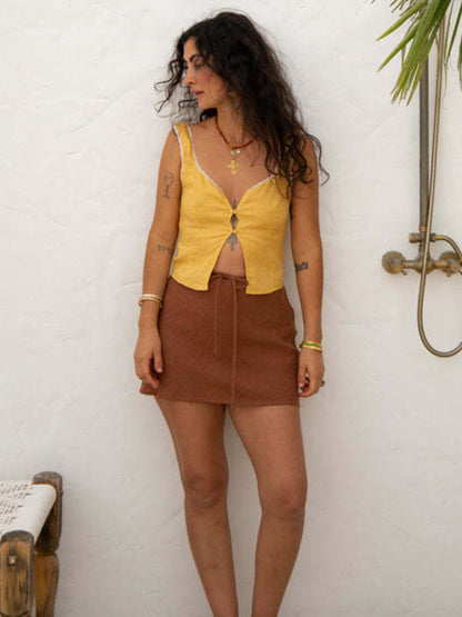 Sleeveless Tops- Linen Textured Top - Women's Cutout Vest with Lace Hem- Yellow- IndioGear Fashion and Gear