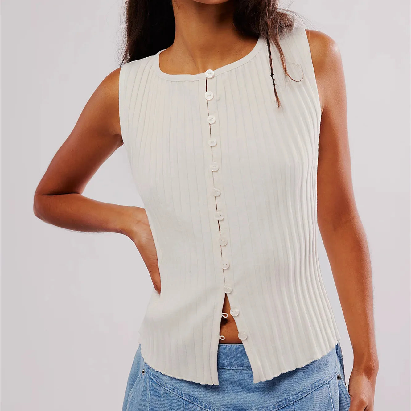 Sleeveless Tops- Ribbed Buttoned Sleeveless Top for Casual Events- White- IndioGear Women Clothing