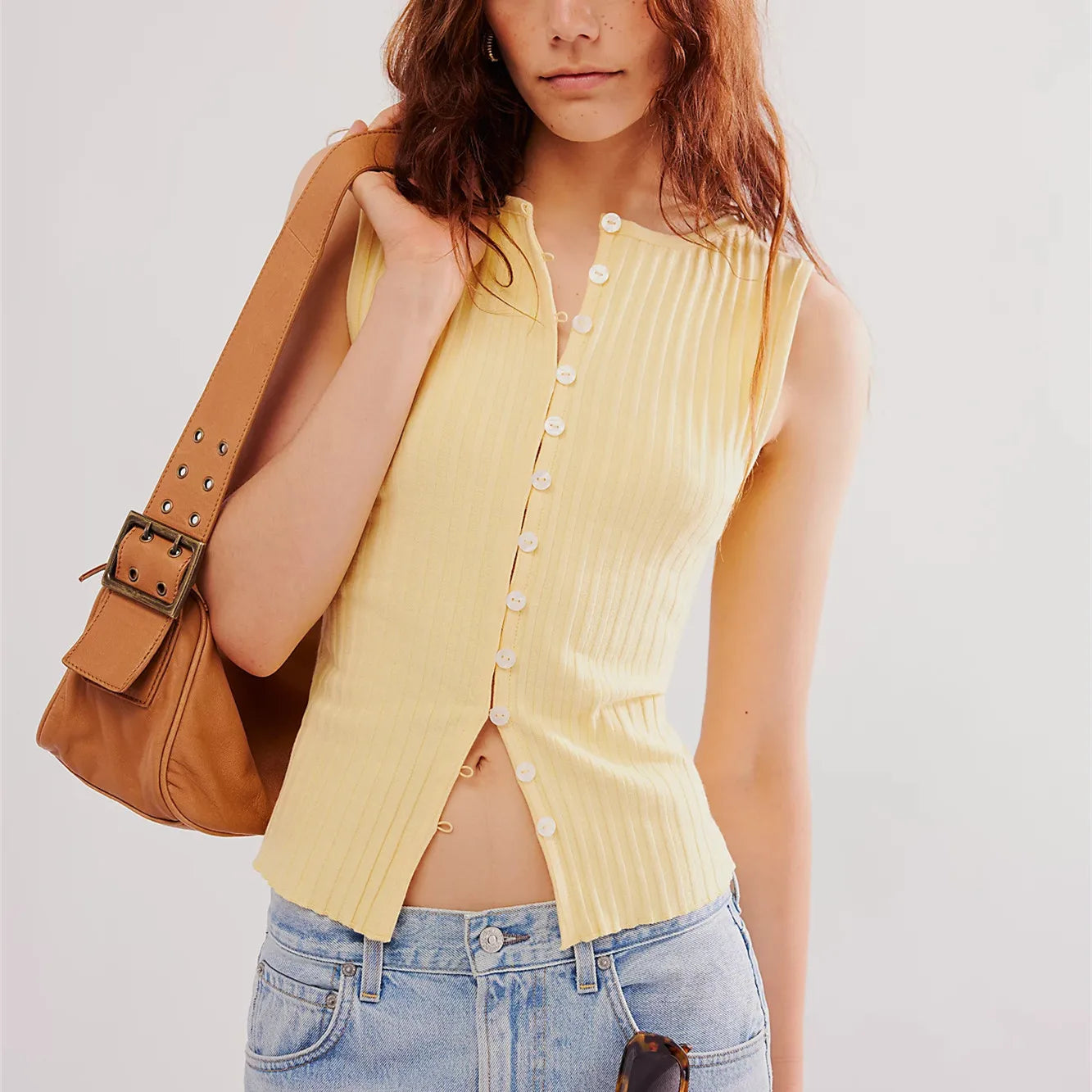 Sleeveless Tops- Ribbed Buttoned Sleeveless Top for Casual Events- Yellow- IndioGear Women Clothing