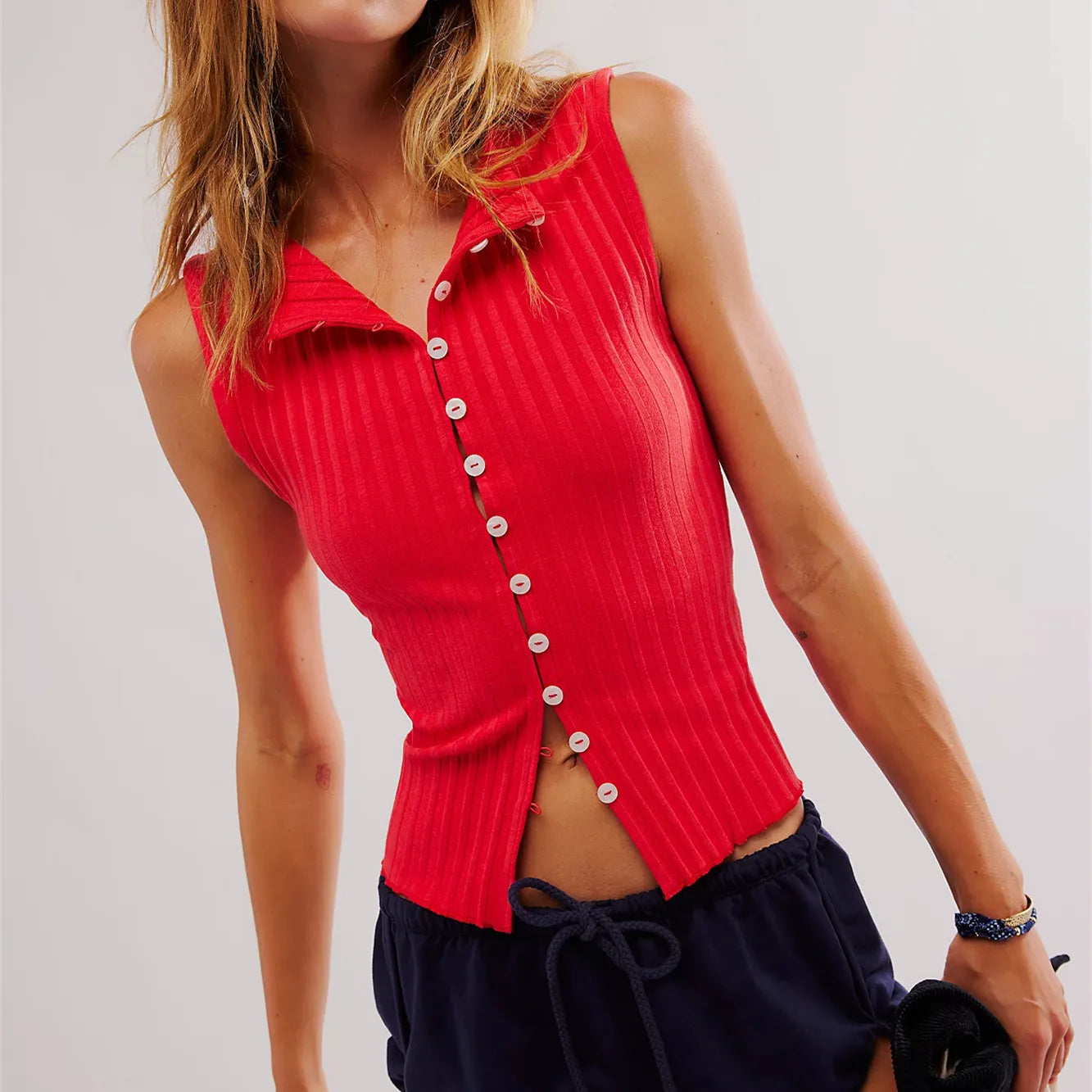 Sleeveless Tops- Ribbed Buttoned Sleeveless Top for Casual Events- Red- IndioGear Women Clothing