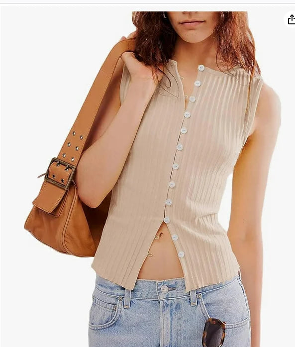 Sleeveless Tops- Ribbed Buttoned Sleeveless Top for Casual Events- Beige- IndioGear Women Clothing