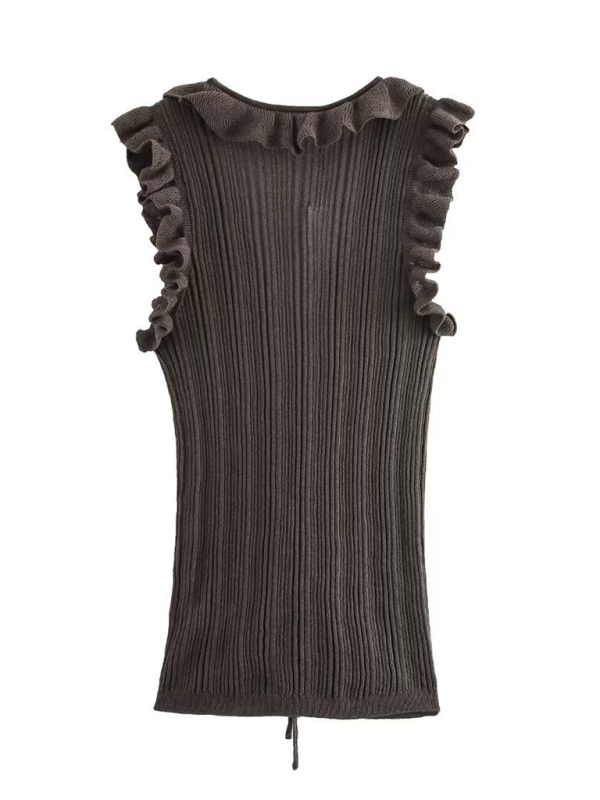 Sleeveless Tops- Ruffle V-Neck Sleeveless Top- - IndioGear.com