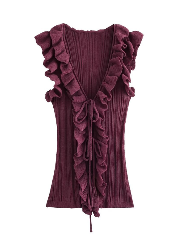 Sleeveless Tops- Ruffle V-Neck Sleeveless Top- Purplish red- IndioGear.com