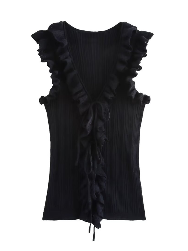 Sleeveless Tops- Ruffle V-Neck Sleeveless Top- Black- IndioGear.com