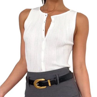 Sleeveless Tops- Sleeveless Top Rib Knit Buttoned Blouse- - IndioGear Women Clothing