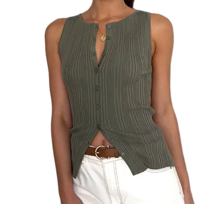 Sleeveless Tops- Sleeveless Top Rib Knit Buttoned Blouse- - IndioGear Women Clothing