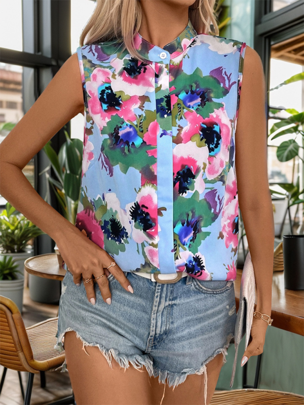 Sleeveless Tops- Stand Collar Sleeveless Blouse - Women's Abstract Print Top- - IndioGear.com