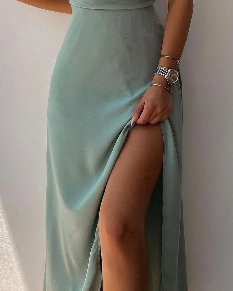 Slip Dresses- Elegant Midi Bridesmaid Dress with Surplice V-Neck- - IndioGear.com